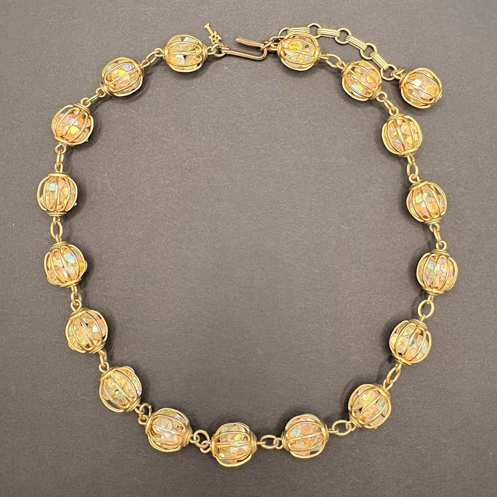 Vintage Trifari Caged Beehive Bead Iridescent Aurora Borealis Gold Tone Necklace